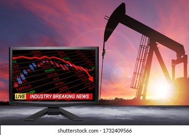 3D Rendering Of Live Oil Industry Breaking News On TV Screen With Stock And Financial Indicators Showing Energy Related Industry In Crisis Due To Covid-19 Coronavirus Pandemic Or Other Catastrophe.