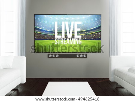 3d rendering of live streaming on smart tv on a wooden living room