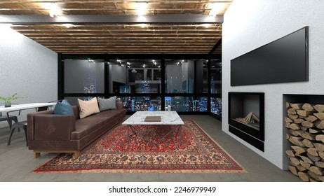 3D rendering of the living room and dining room with night view