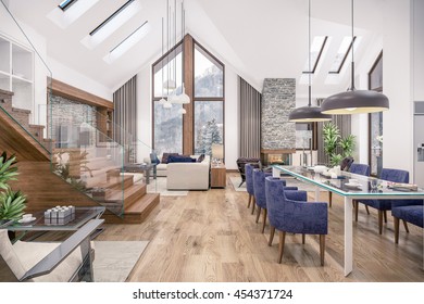 3D-Darstellung von Wohnzimmer, Küche und Esszimmer und Treppe sind in einem Bereich des Chalets kombiniert. Die Inneneinrichtung ist mit Holz und natürlichen Materialien dekoriert.