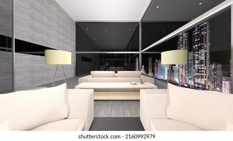 3D Rendering Of The Living Room With Night View