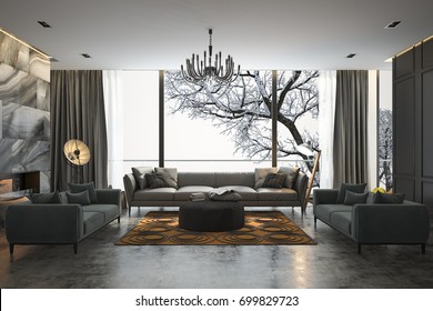 3d Rendering Living Room With Sofa Near Winter Scene Outside Window