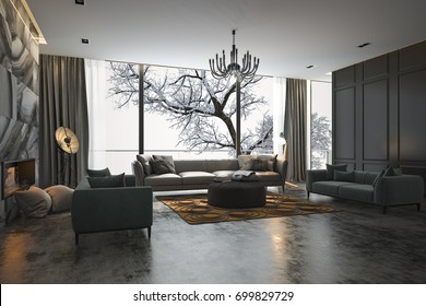 3d Rendering Living Room With Sofa Near Winter Scene Outside Window