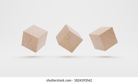3d rendering loating wooden cube on white background