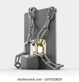 3d Rendering Of Locked Simcard, Protection Concept Clipping Path Included