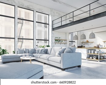 3d rendering. loft apartment with living room and kitchen.