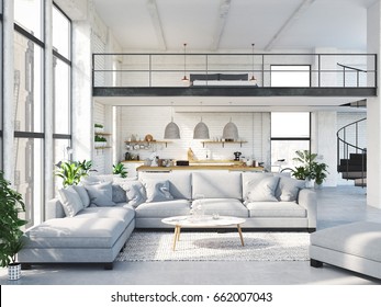 3D rendering. loft apartment with living room and kitchen.