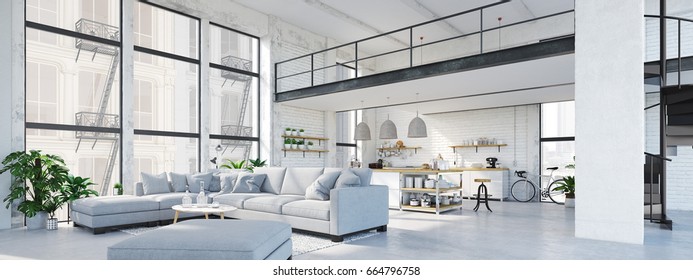 3D rendering. loft apartment with living room and kitchen.