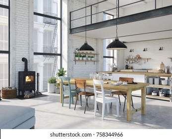 3d Rendering. Loft Apartment With Living Room And Kitchen.