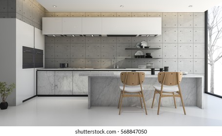 3d Rendering Loft And Modern Concrete Kitchen 