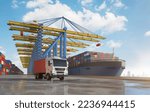 3d rendering logistic business with cargo ship and truck at terminal port