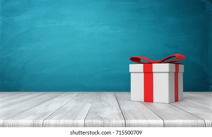 3d rendering of a lone white gift box with a red bow standing on a wooden desk in front of a blue background. Gifts and surprises. Special bonus. One time offer.