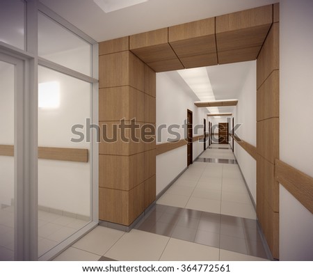 3D rendering long modern corridor in ofice building