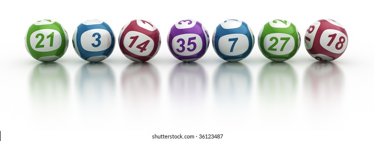 3d rendering of lottery balls on a white reflective table