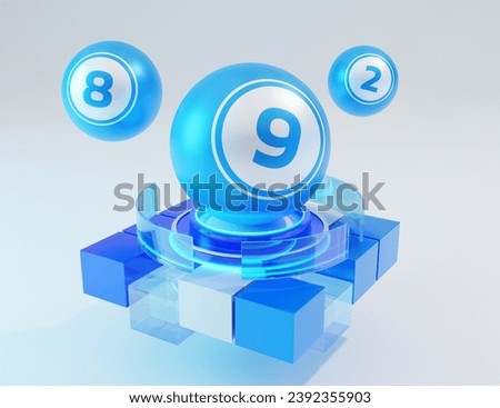 3d rendering lottery balls standing on glass blue podium.