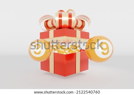 3d rendering lotto balls and gift box for cerebration who getting a jackpot.