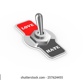 3d rendering of love hate toggle switch button flipped in the love position.
