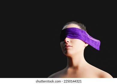 3D rendering of low angle of calm young female with bare shoulders and eyes covered with purple ribbon against black background
