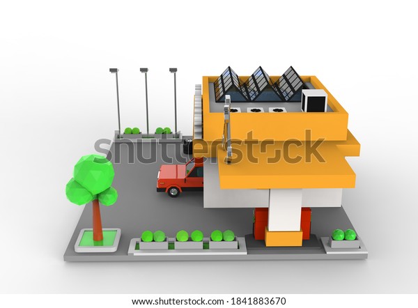3d\
rendering low poly building model for car maintenance with gasoline\
refueling car repair on white background\
isolate
