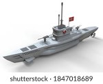 3d rendering low poly model of a german submarine during the second world war with weapons on a white background isolate