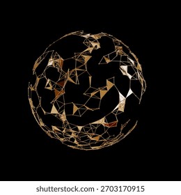 3d rendering low poly sphere made of lines and polygons, abstract geometric golden design element