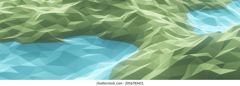 3D Rendering Low Polygon Lake. Abstract Topography.