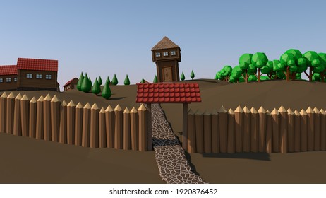 3d rendering of a low-poly landscape. An old wooden town surrounded by a palisade, with wooden buildings. Low-poly trees, forest, garden, pond. The ancient world of the Vikings and Slavs.