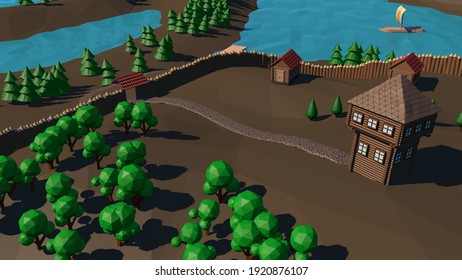 3d rendering of a low-poly ship, on oars, which returns to the ancient wooden city. There is a boat dock in the bay. Low-poly landscape. Cartoon design. The peninsula welcomes travelers. - Shutterstock ID 1920876107