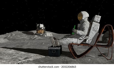 3D rendering. Lunar astronaut drinking beer sitting in easy beach chair on Moon surface, enjoying view of Earth. CG Animation. Elements of this image furnished by NASA
