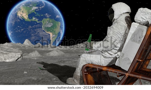 3D rendering.\
Lunar astronaut drinking beer sitting in easy beach chair on Moon\
surface, enjoying view of Earth. CG Animation. Elements of this\
image furnished by\
NASA