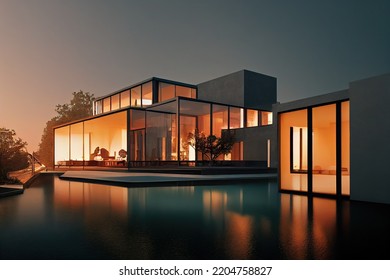 3D Rendering Of A Luxurious Contemporary Villa With Pool