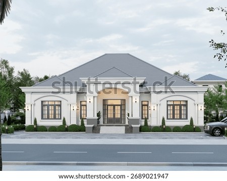 3D Rendering Luxurious Modern Single-Story House with Manicured Garden.