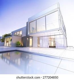 3D rendering of a luxurious villa with contrasting realistic rendering and wireframe 