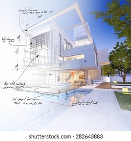 3D rendering of a luxurious villa contrasting with a technical draft part. with scribbled notes indicating construction materials: aluminum, stone, and mesurements