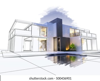 3D rendering of a luxurious villa contrasting with a technical draft part