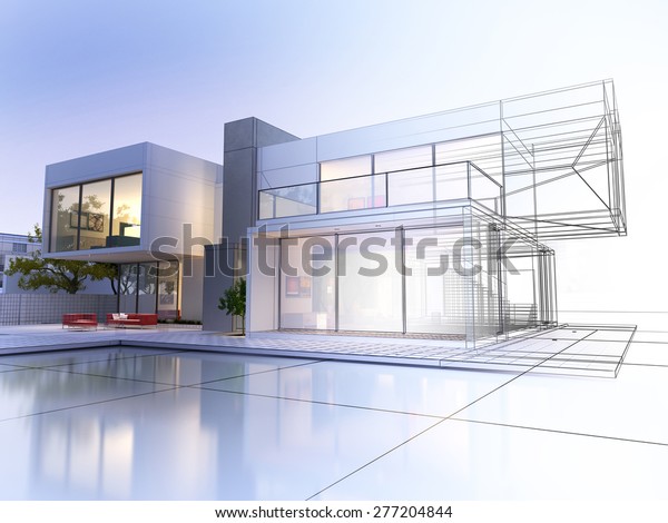 3D rendering of a luxurious villa with\
contrasting realistic rendering and wireframe\
