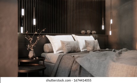 3d Rendering A Luxury Bedroom Interior With Dark Tone Style, Decorated With Hanging Lamps And Vase On The Site Table. 