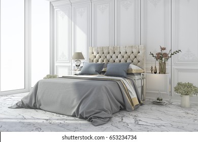 3d Rendering Luxury Blue Bed In White Classic Bedroom