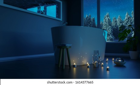 3d Rendering Of Luxury Grey Bathroom With Free Standing Bathtub And Candle Lights At Night