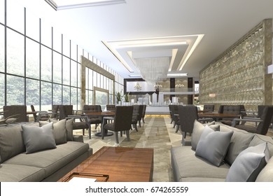 3d Rendering Luxury Hotel Reception And Lounge Restaurant