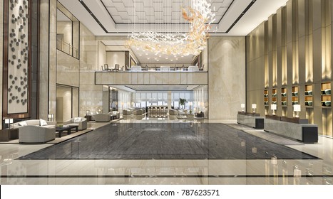 3d Rendering Luxury Hotel Reception Hall And Lounge Restaurant