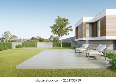 3d Rendering Of Luxury House With Large Wood Deck And Lawn Yard.