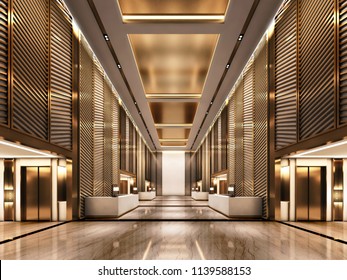 3d Rendering Luxury Lift Lobby Hotel With Gold Metal And Floor Stone Marble