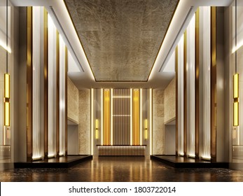 3d Rendering Luxury Lift Lobby Hotel With Gold Metal And Floor Stone Marble