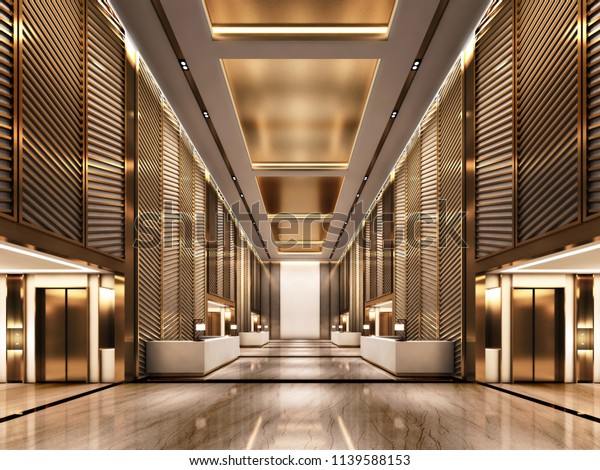 3d rendering luxury Lift lobby Hotel with Gold\
Metal and Floor stone\
marble