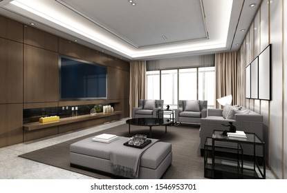 3D Rendering Luxury Living Room Interior With Tv.