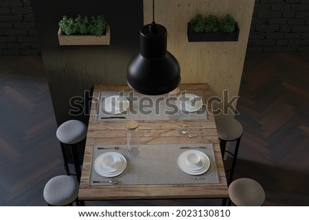 3d rendering of luxury loft style cafe with wooden planks table and hanging industrial lamps