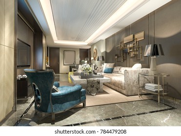 3d rendering luxury and modern living room and dining room