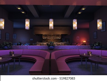 3D Rendering Of A Luxury Night Lounge Bar In A Purple Light