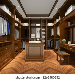 3d Rendering Luxury Scandinavian Wood Walk In Closet With Wardrobe